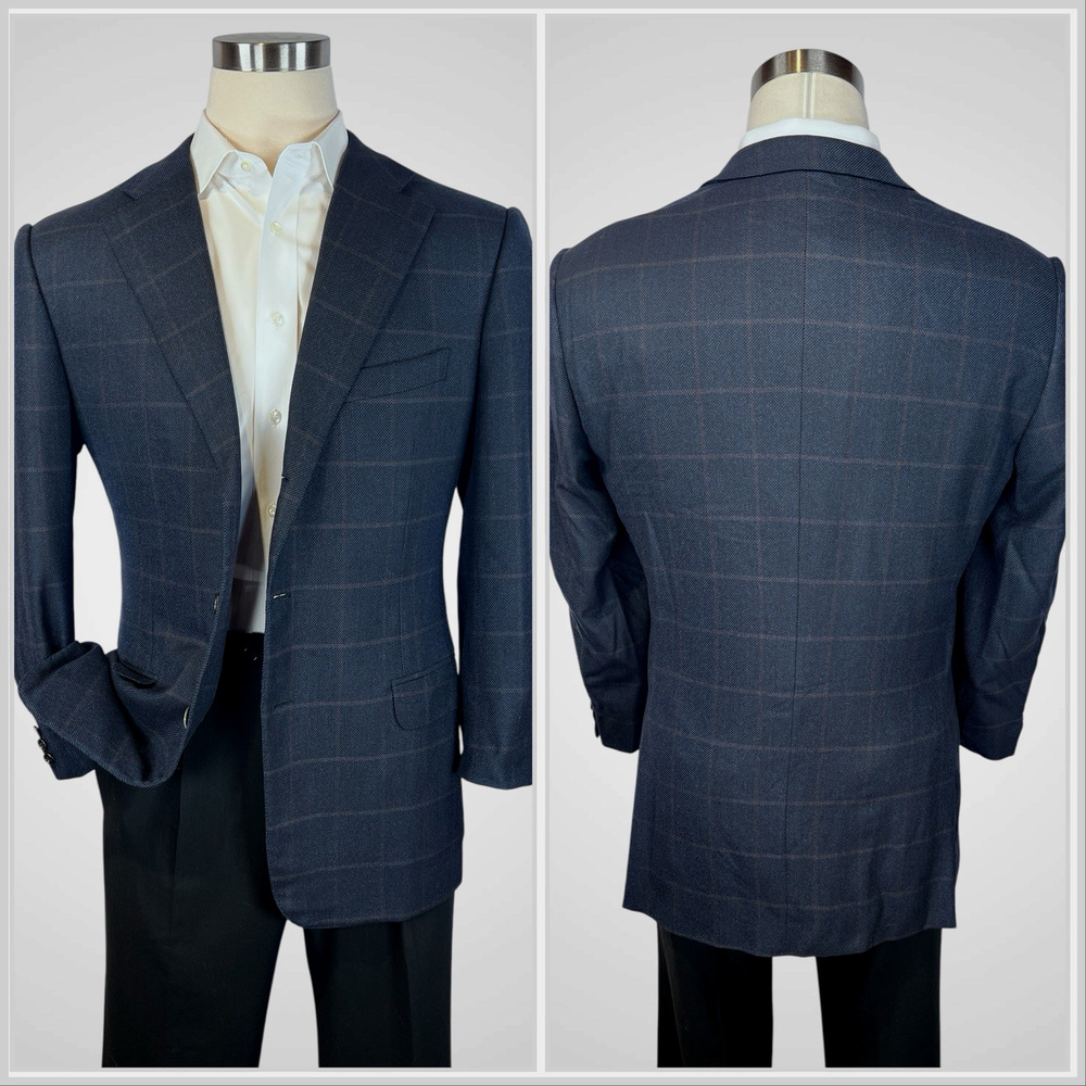 Zegna 15 Milmil 15 Sport Coat 44R Navy Blue Camel Plaid 3/2 Roll - Picture 2 of 16